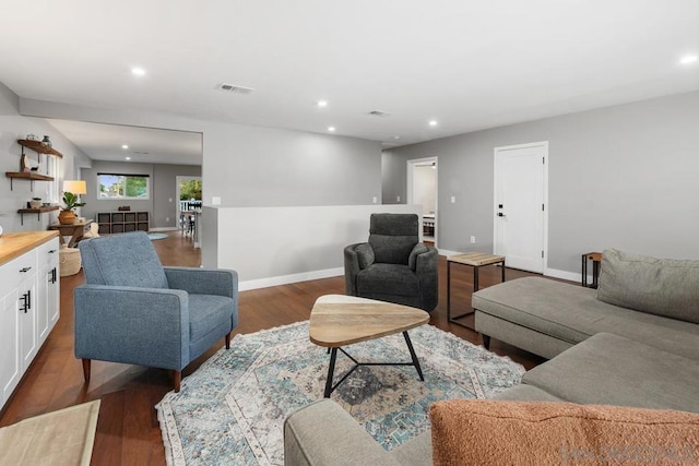 living room featuring dark wood-type flooring