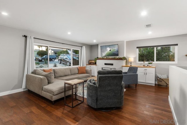 living room featuring dark wood-type flooring