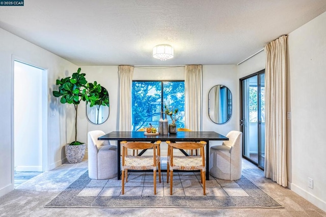 dining space featuring carpet floors and a textured ceiling