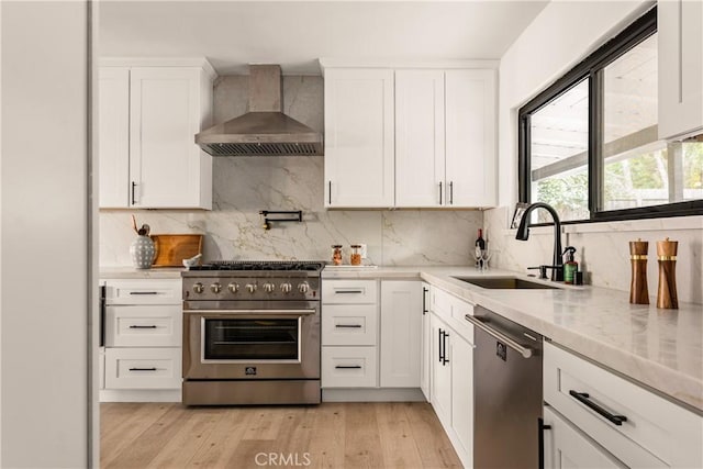 kitchen with appliances with stainless steel finishes, decorative backsplash, wall chimney range hood, white cabinets, and sink