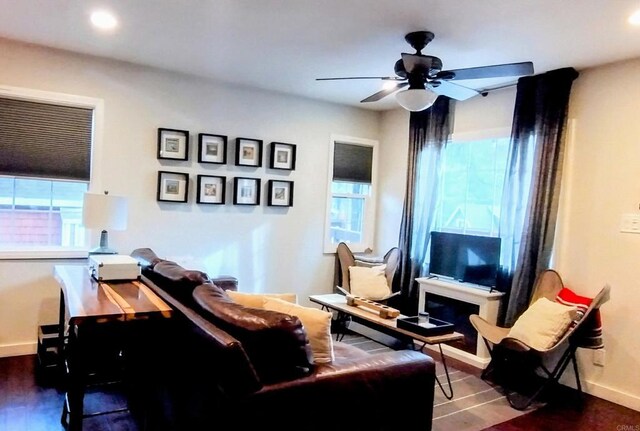 living room with hardwood / wood-style flooring, ceiling fan, and a healthy amount of sunlight