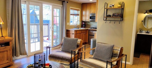 living area with plenty of natural light, sink, and light wood-type flooring