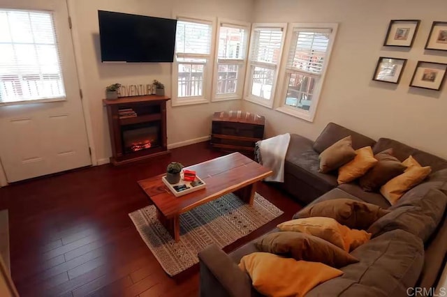 living room with dark hardwood / wood-style flooring