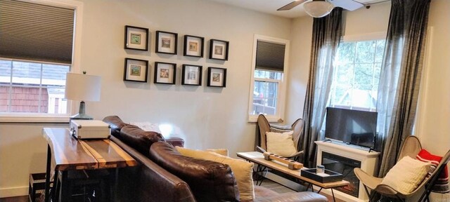 living area featuring ceiling fan and plenty of natural light