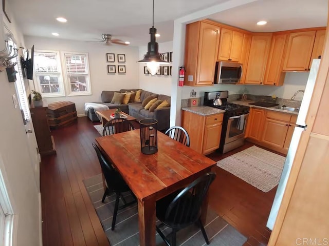 kitchen featuring ceiling fan, decorative light fixtures, sink, dark wood-type flooring, and stainless steel appliances