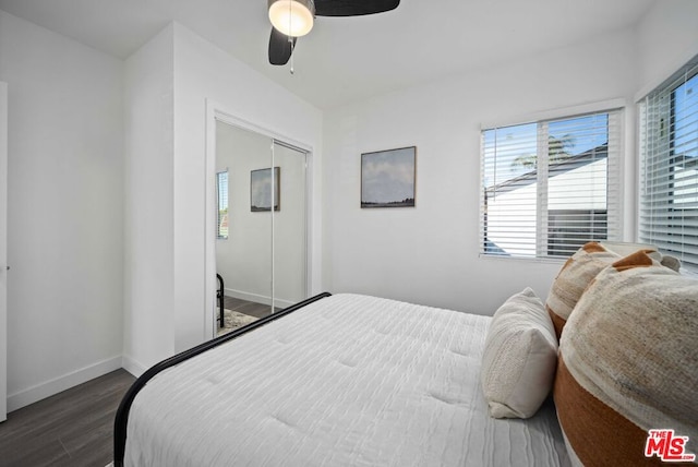 bedroom with ceiling fan, dark hardwood / wood-style flooring, and a closet