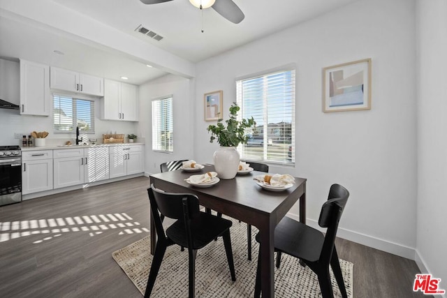 dining area featuring ceiling fan, dark hardwood / wood-style flooring, and sink