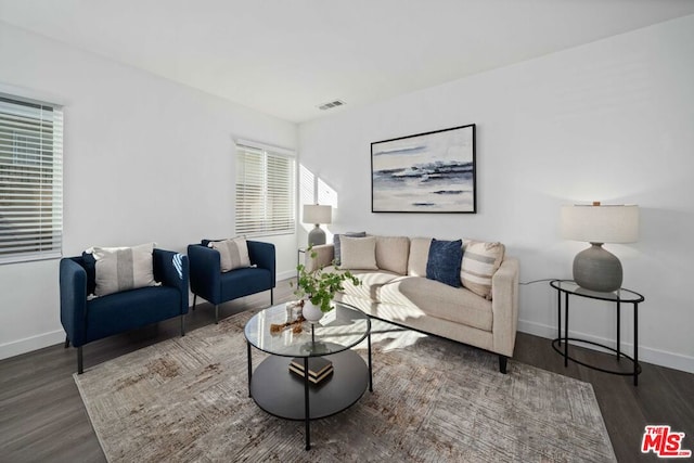 living room with dark hardwood / wood-style floors