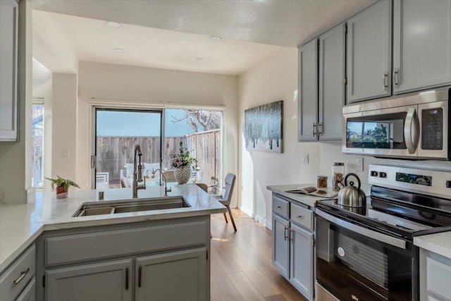 kitchen featuring stainless steel appliances, gray cabinetry, light hardwood / wood-style flooring, and sink