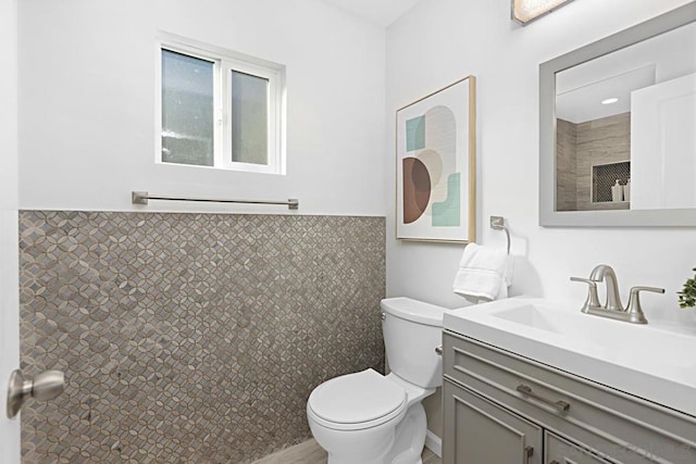 bathroom with vanity, toilet, and walk in shower