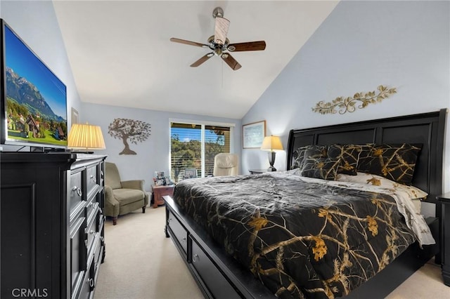 bedroom with ceiling fan, lofted ceiling, and light colored carpet