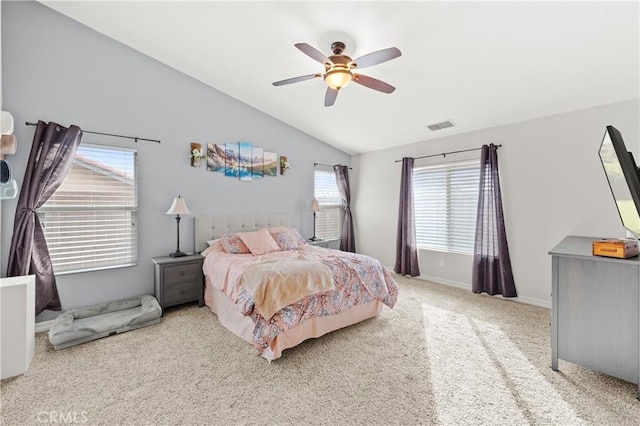 bedroom with light carpet, ceiling fan, and lofted ceiling