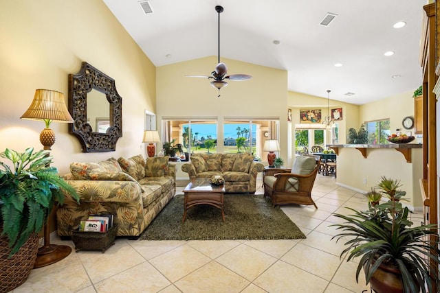 living room featuring ceiling fan, high vaulted ceiling, and light tile patterned flooring