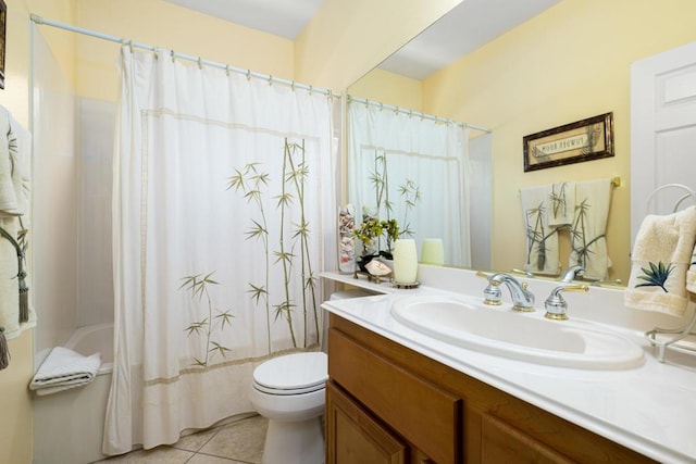 full bathroom with toilet, tile patterned flooring, shower / bath combo, and vanity