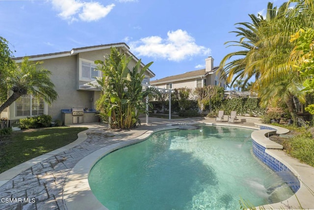 view of swimming pool featuring a patio area