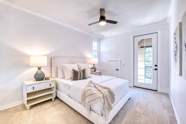 bedroom with light carpet, access to exterior, baseboards, and crown molding