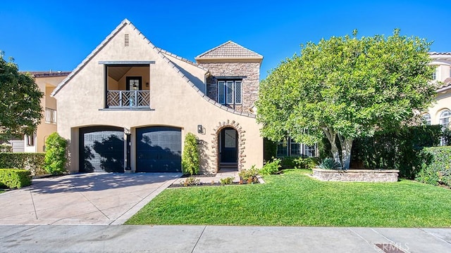 view of front of property featuring a front lawn, a balcony, and a garage