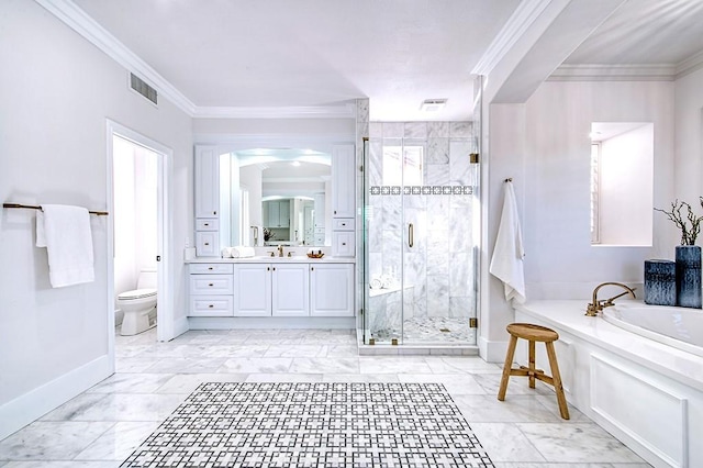 full bathroom with marble finish floor, visible vents, and crown molding