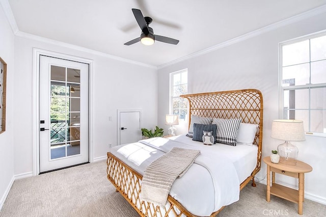 bedroom featuring light carpet, access to exterior, baseboards, and crown molding