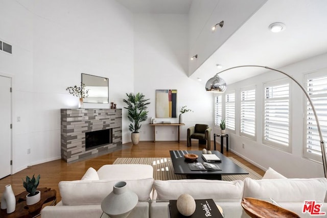 living room featuring wood-type flooring and a stone fireplace