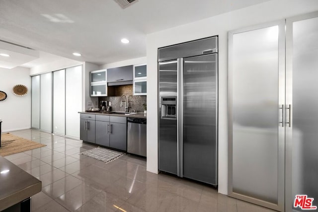 kitchen with backsplash, sink, gray cabinets, and stainless steel appliances