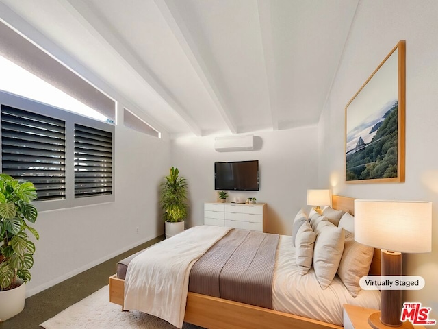 carpeted bedroom with vaulted ceiling with beams and a wall mounted AC