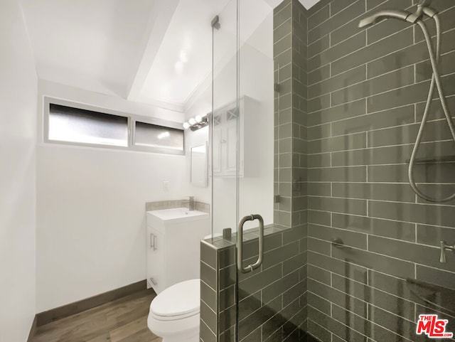 bathroom featuring a shower with shower door, vanity, wood-type flooring, and toilet