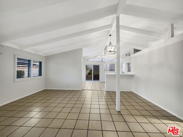 unfurnished living room featuring light tile patterned floors, an inviting chandelier, and vaulted ceiling with beams