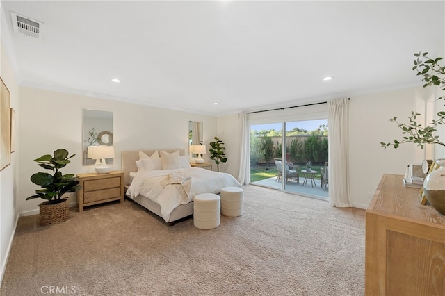 bedroom featuring access to exterior, carpet floors, and ornamental molding