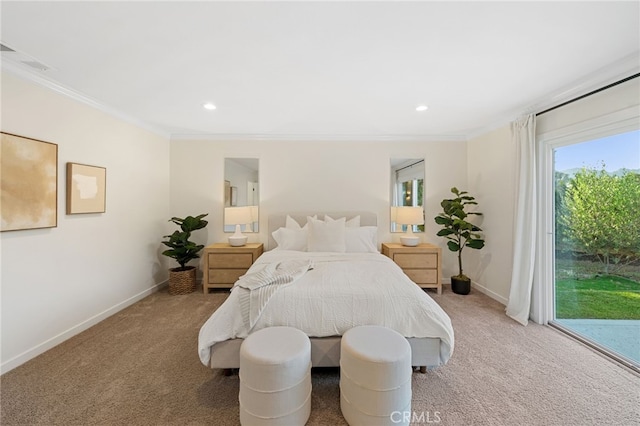 carpeted bedroom featuring access to exterior and ornamental molding