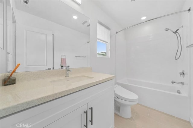 full bathroom featuring vanity, tile patterned floors, toilet, and washtub / shower combination