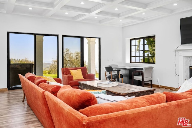 living room with a fireplace, a healthy amount of sunlight, beam ceiling, and coffered ceiling