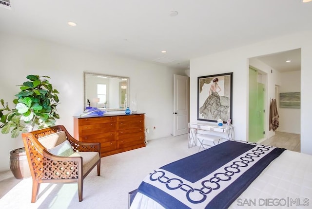 bedroom with light colored carpet