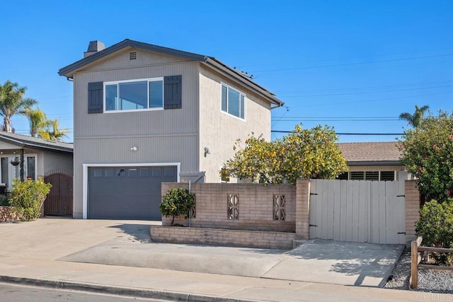 view of front of home featuring a gate, driveway, a chimney, and fence