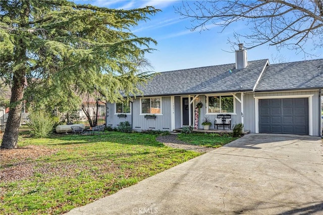 18078 Spyglass Rd, Hidden Valley Lake, CA 95467 - single story home featuring concrete driveway, a chimney, roof with shingles, a front yard, and an attached garage