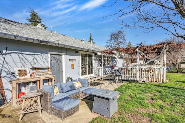 18078 Spyglass Rd, Hidden Valley Lake, CA 95467 - view of patio featuring an outdoor living space with a fire pit, a pergola, and a wooden deck