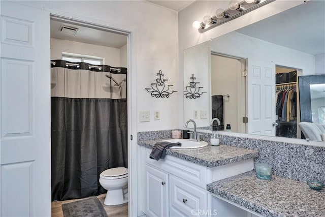 bathroom with toilet, vanity, wood-type flooring, and a shower with shower curtain