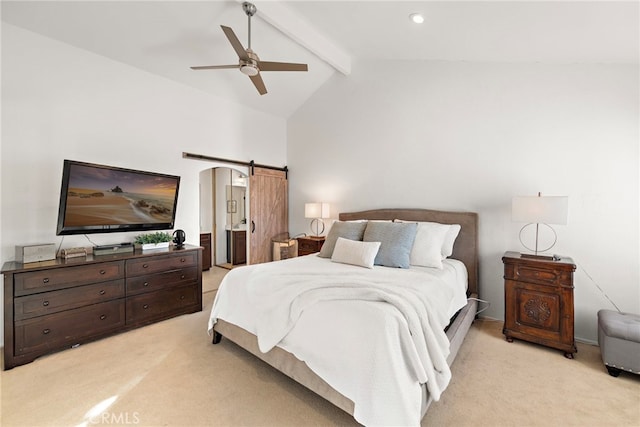 carpeted bedroom with ceiling fan, high vaulted ceiling, beamed ceiling, and a barn door