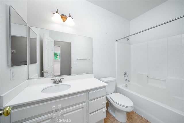 full bathroom with shower / bathing tub combination, toilet, vanity, and tile patterned flooring