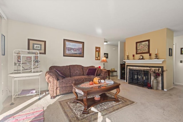 living room with a tile fireplace and light carpet