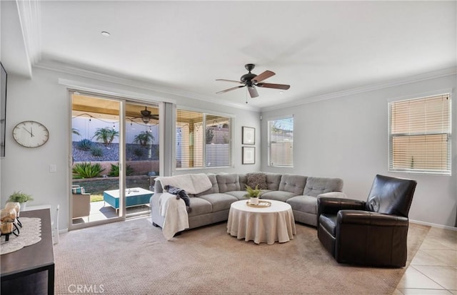 tiled living room featuring ornamental molding