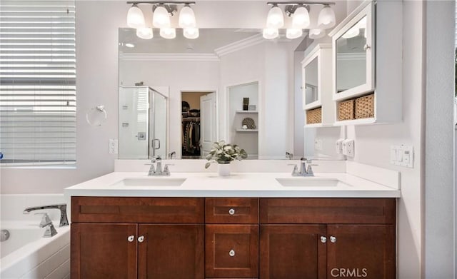 bathroom with separate shower and tub, vanity, a notable chandelier, and crown molding