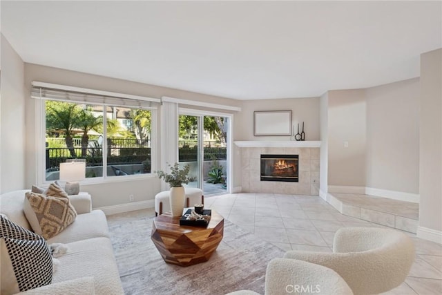 tiled living room with a fireplace