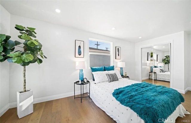 bedroom with wood-type flooring and a closet