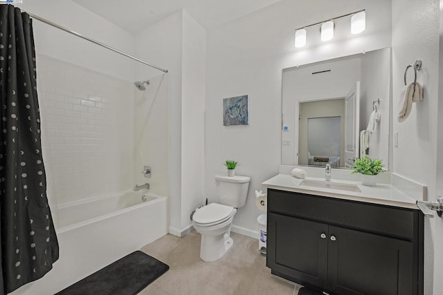 full bathroom with toilet, vanity, tile patterned floors, and shower / tub combo with curtain