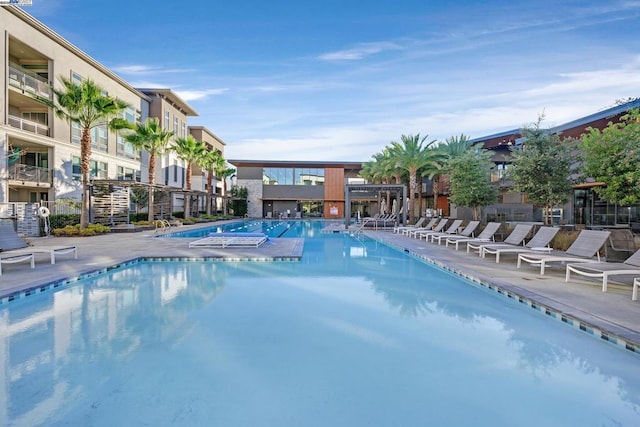 view of swimming pool featuring a patio