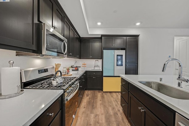 kitchen featuring stainless steel appliances, light hardwood / wood-style floors, and sink