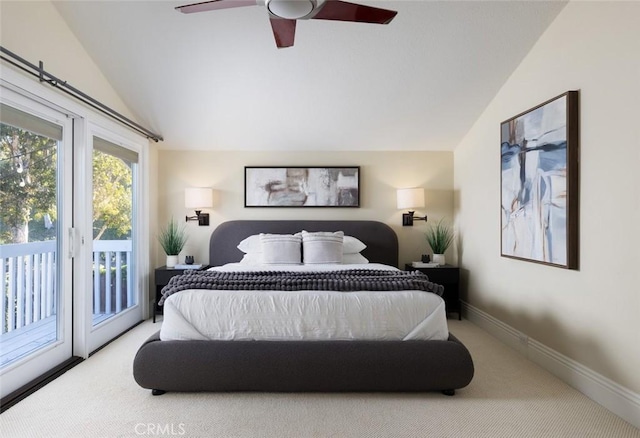 carpeted bedroom featuring ceiling fan, access to exterior, and lofted ceiling