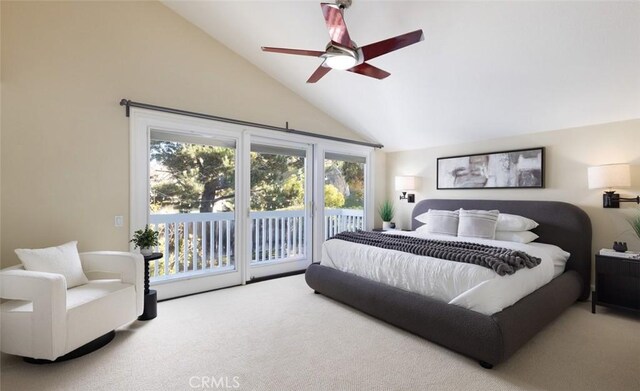 bedroom with access to outside, ceiling fan, carpet flooring, and lofted ceiling