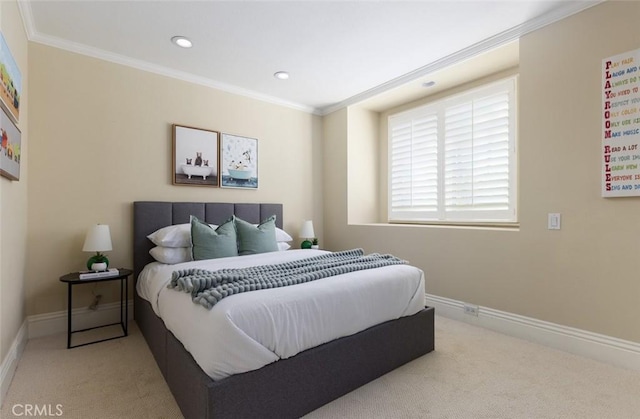 carpeted bedroom with crown molding